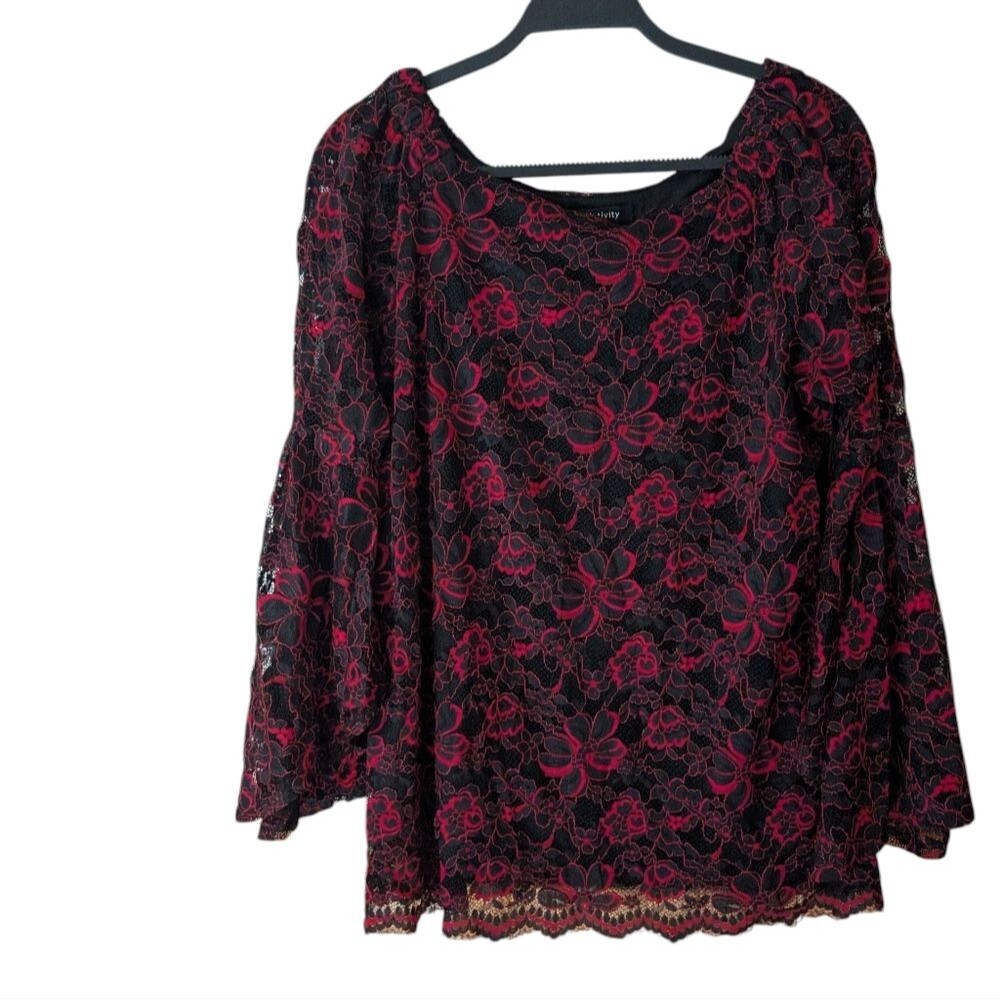 Relativity Vintage Y2K Lace Bell Sleeve Vamp Witchy Red Black‎ Goth Top Size L